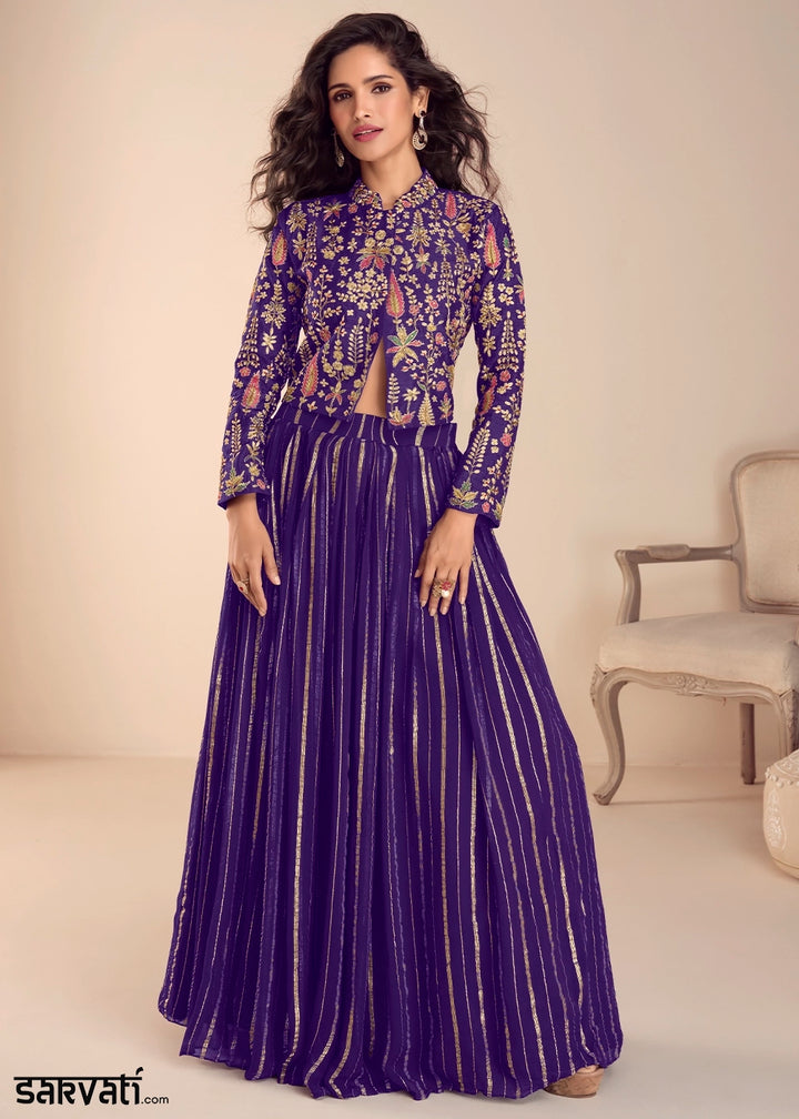 Indigo Purple Silk Top and Skirt Set with Intricate Floral Work