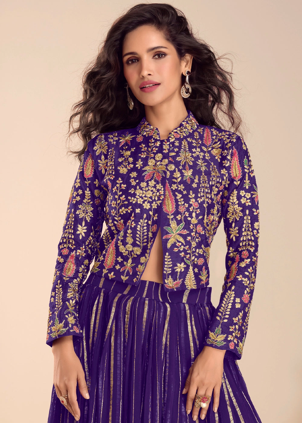 Indigo Purple Silk Top and Skirt Set with Intricate Floral Work