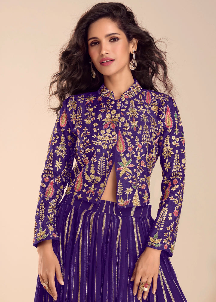 Indigo Purple Silk Top and Skirt Set with Intricate Floral Work