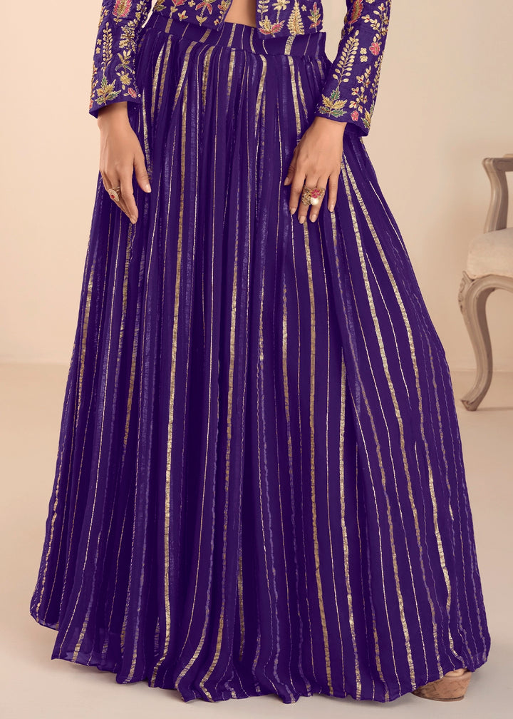 Indigo Purple Silk Top and Skirt Set with Intricate Floral Work