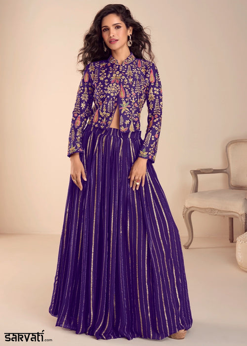 Indigo Purple Silk Top and Skirt Set with Intricate Floral Work