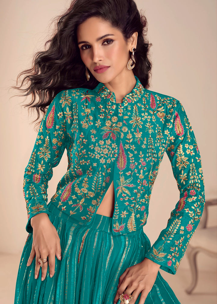 Tiffany Blue Silk Top and Skirt Set with Intricate Floral Work