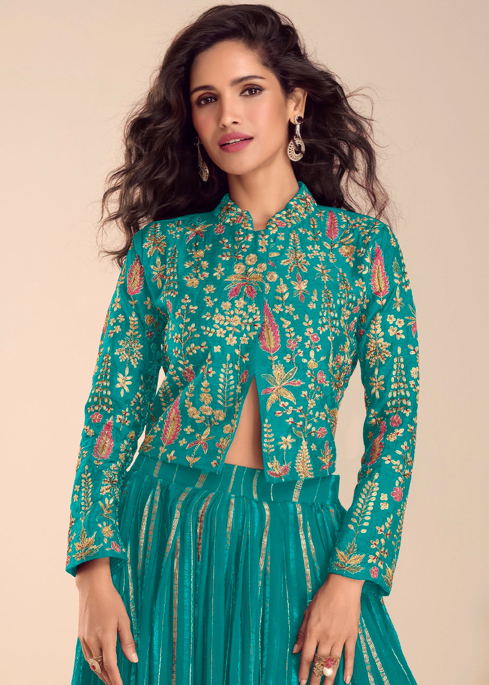 Tiffany Blue Silk Top and Skirt Set with Intricate Floral Work