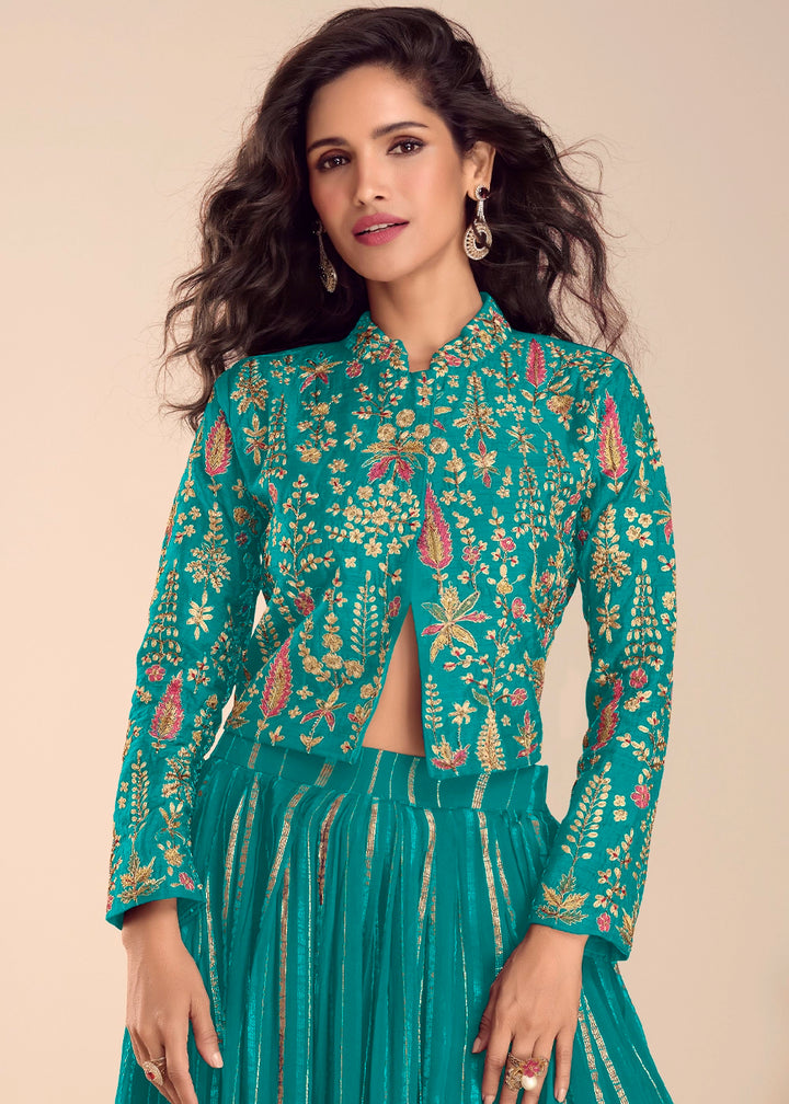 Tiffany Blue Silk Top and Skirt Set with Intricate Floral Work