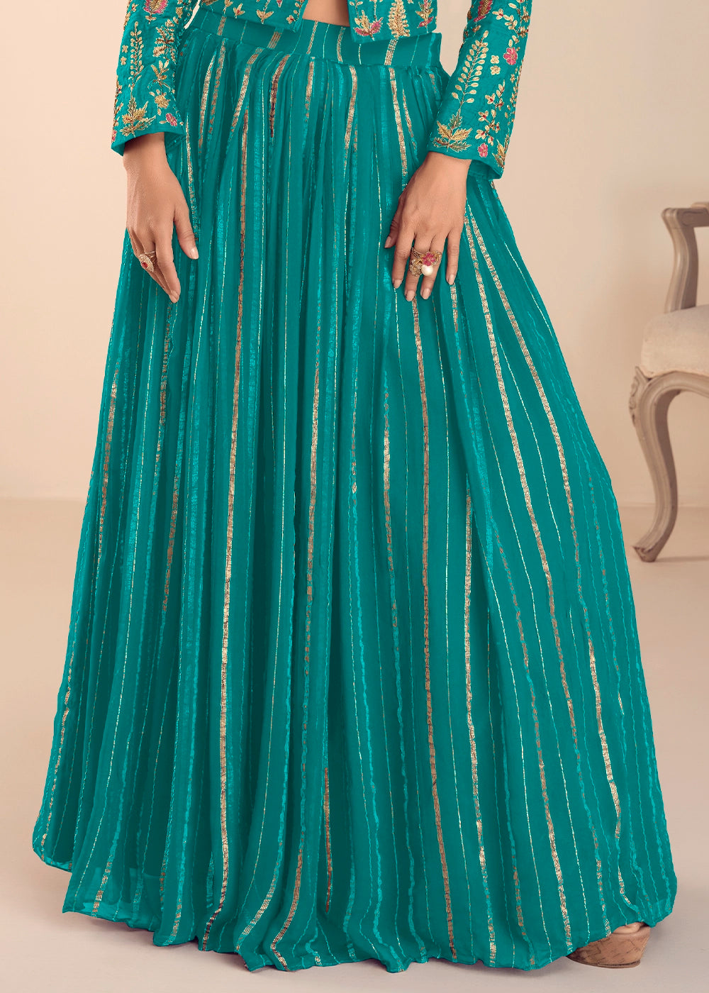 Tiffany Blue Silk Top and Skirt Set with Intricate Floral Work