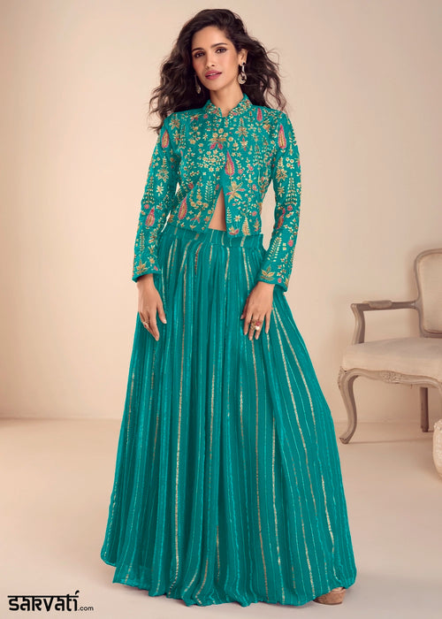 Tiffany Blue Silk Top and Skirt Set with Intricate Floral Work