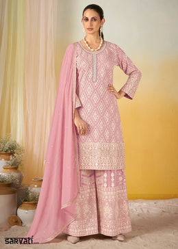 Creamy Pink Georgette Palazzo Suit with All-Over Embroidered Work