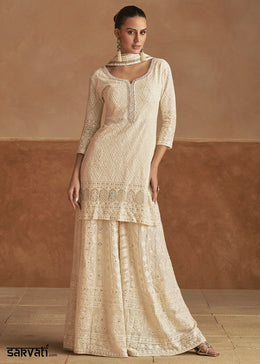 Off White Georgette Palazzo Suit with All-Over Embroidered Work
