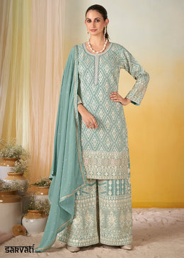 Pale Blue Georgette Palazzo Suit with All-Over Embroidered Work