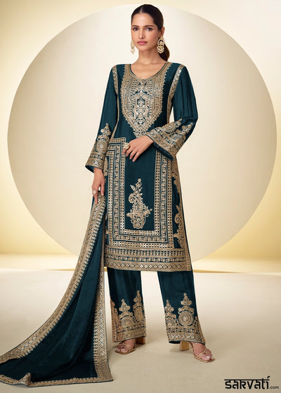 Oxford Blue Chinon Silk Palazzo Suit with Intricate Embroidery