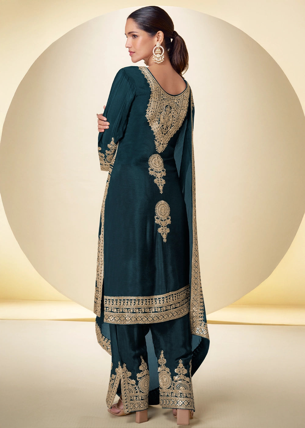 Oxford Blue Chinon Silk Palazzo Suit with Intricate Embroidery