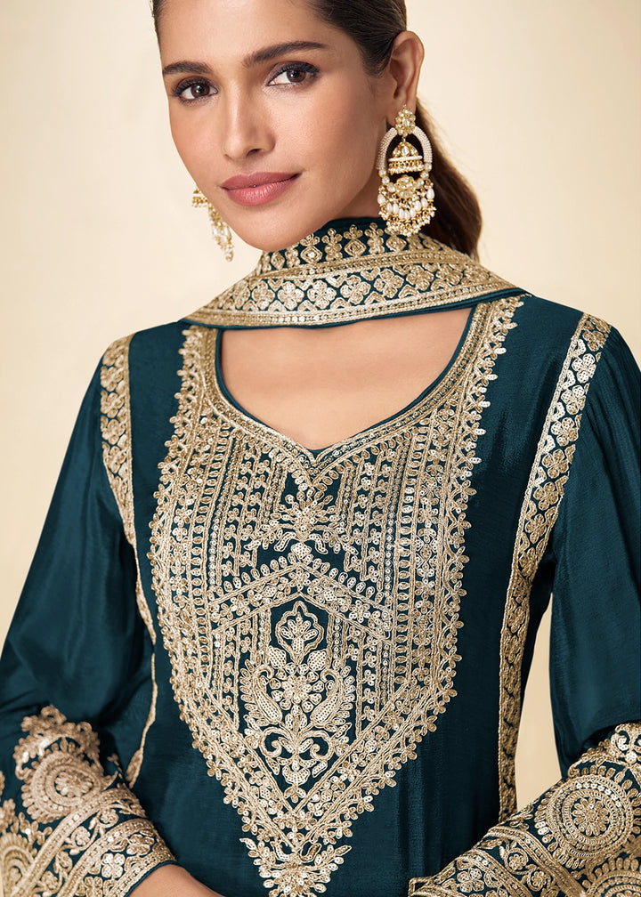 Oxford Blue Chinon Silk Palazzo Suit with Intricate Embroidery