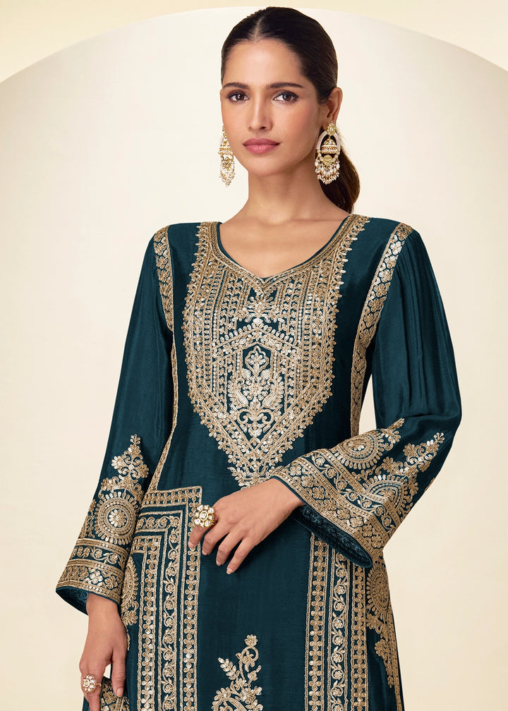 Oxford Blue Chinon Silk Palazzo Suit with Intricate Embroidery