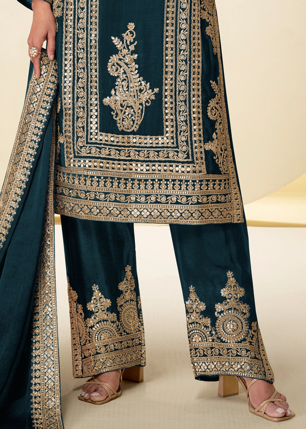 Oxford Blue Chinon Silk Palazzo Suit with Intricate Embroidery
