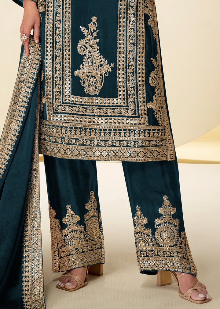 Oxford Blue Chinon Silk Palazzo Suit with Intricate Embroidery