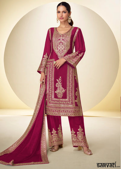 Magenta Purple Chinon Silk Palazzo Suit with Intricate Embroidery