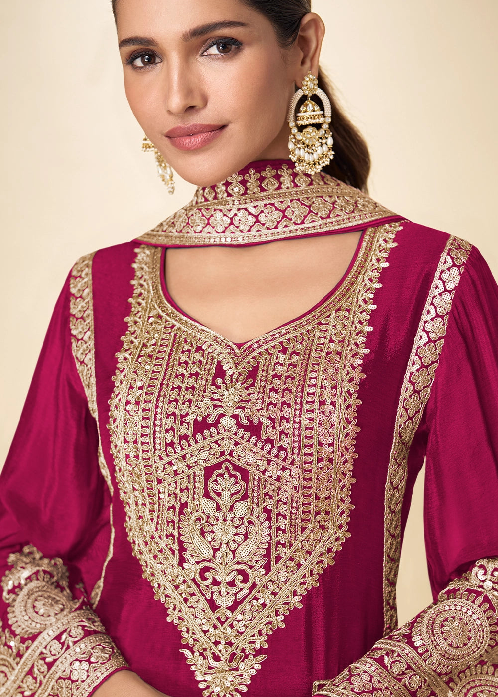 Magenta Purple Chinon Silk Palazzo Suit with Intricate Embroidery