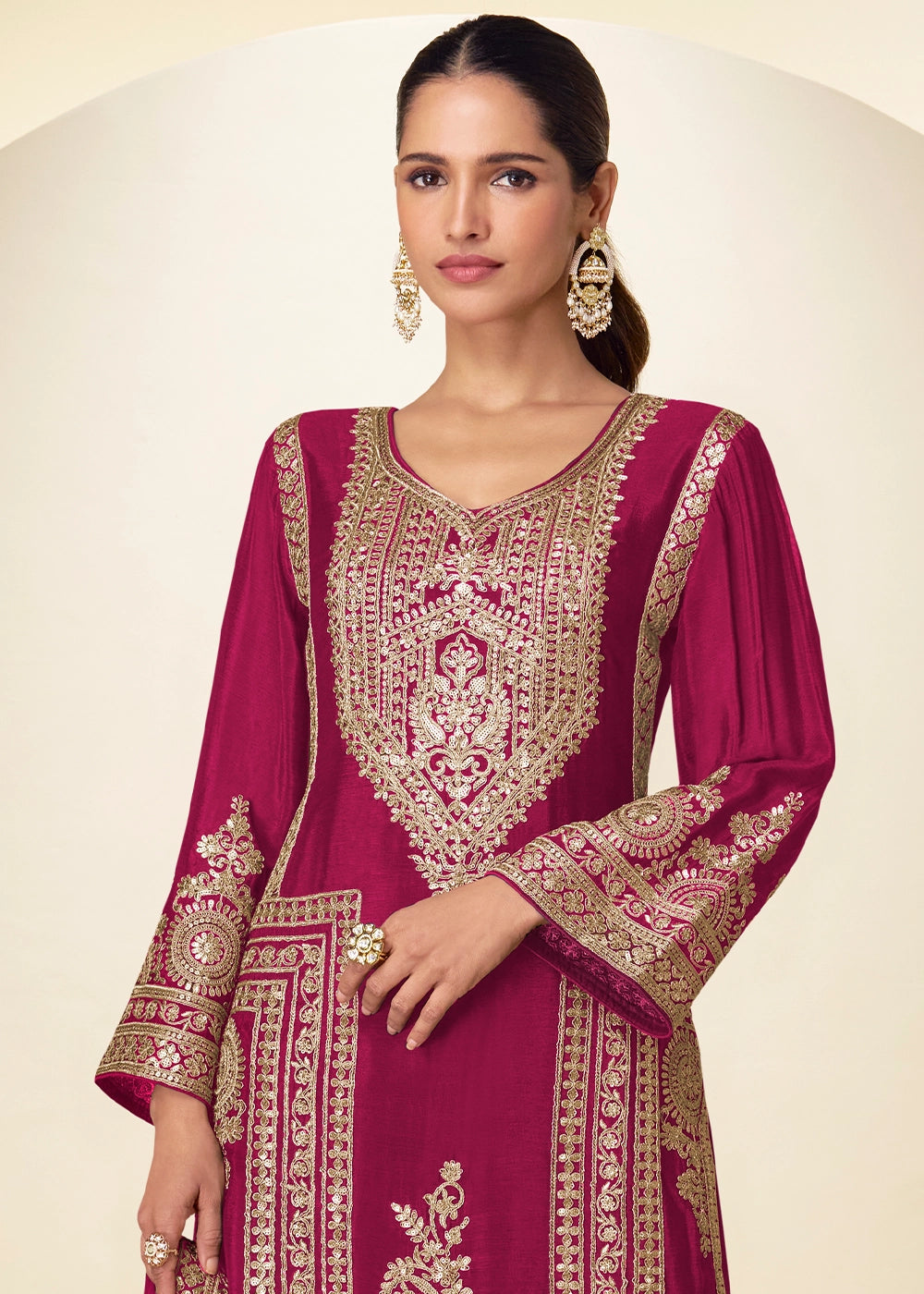 Magenta Purple Chinon Silk Palazzo Suit with Intricate Embroidery