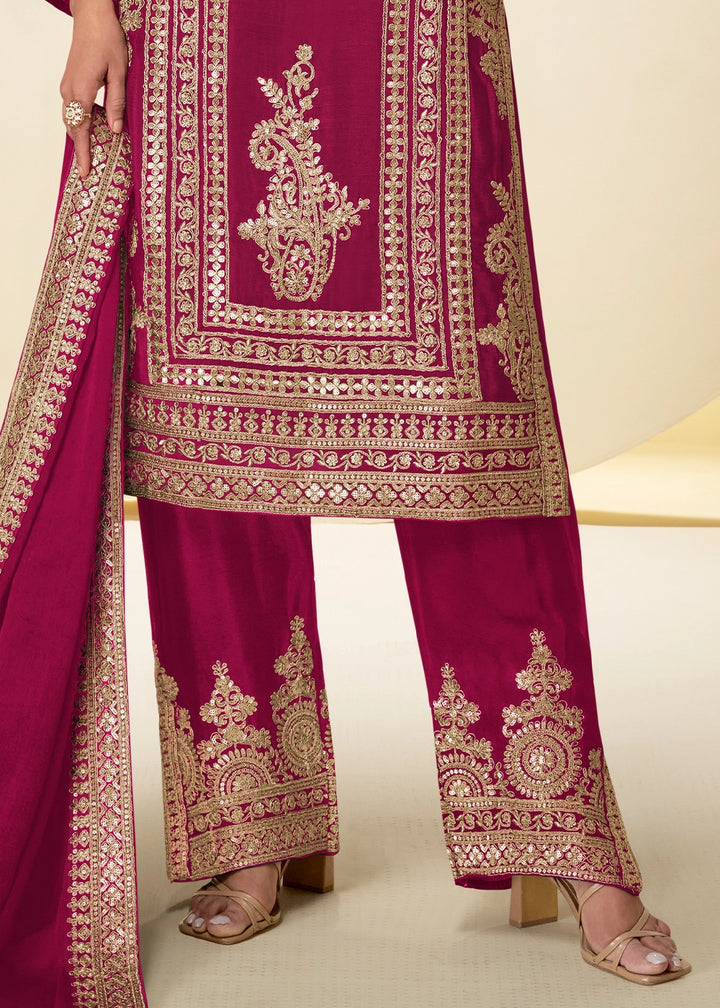 Magenta Purple Chinon Silk Palazzo Suit with Intricate Embroidery