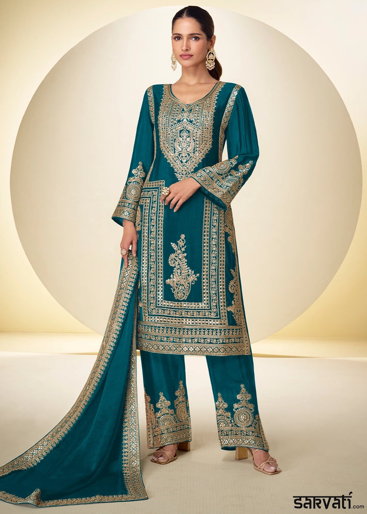 Spanish Blue Chinon Silk Palazzo Suit with Intricate Embroidery