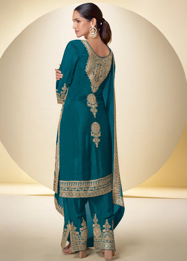 Spanish Blue Chinon Silk Palazzo Suit with Intricate Embroidery