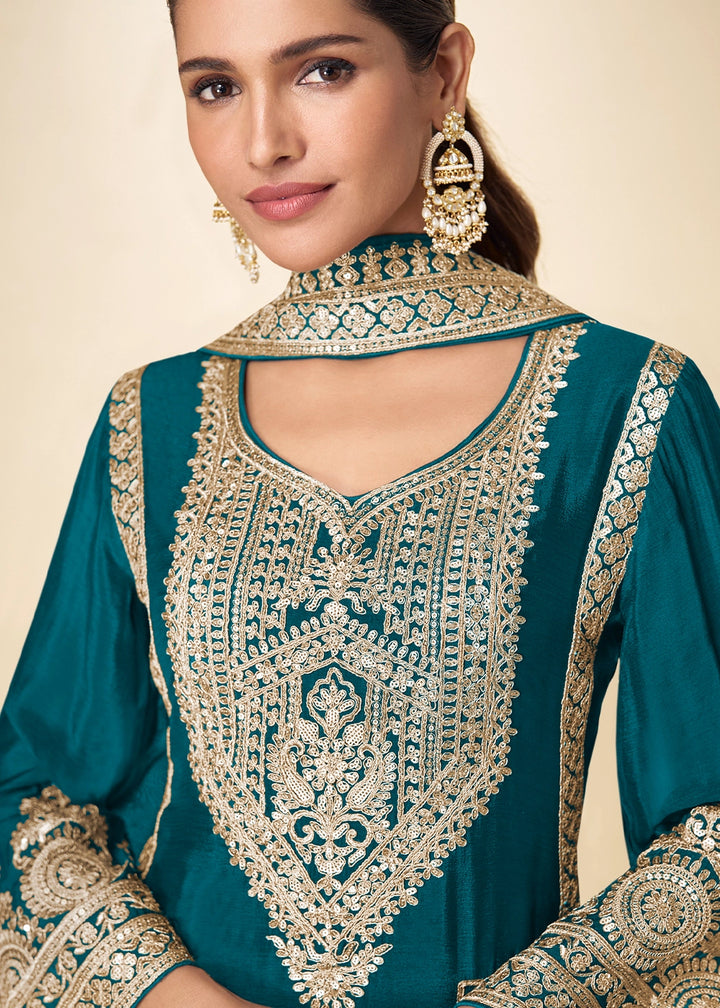 Spanish Blue Chinon Silk Palazzo Suit with Intricate Embroidery