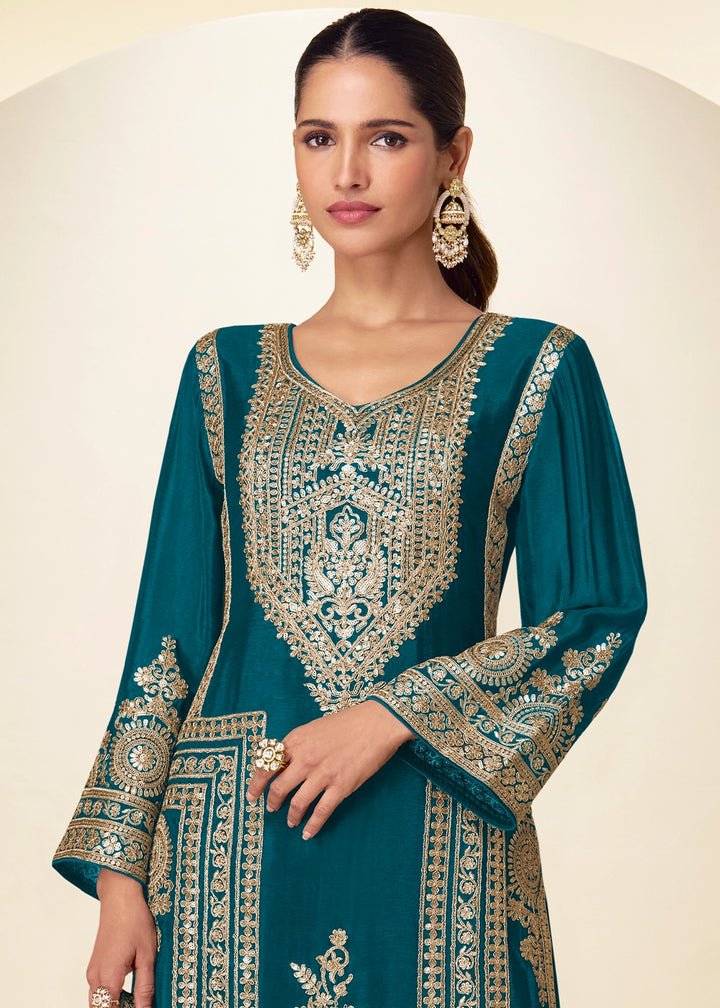 Spanish Blue Chinon Silk Palazzo Suit with Intricate Embroidery