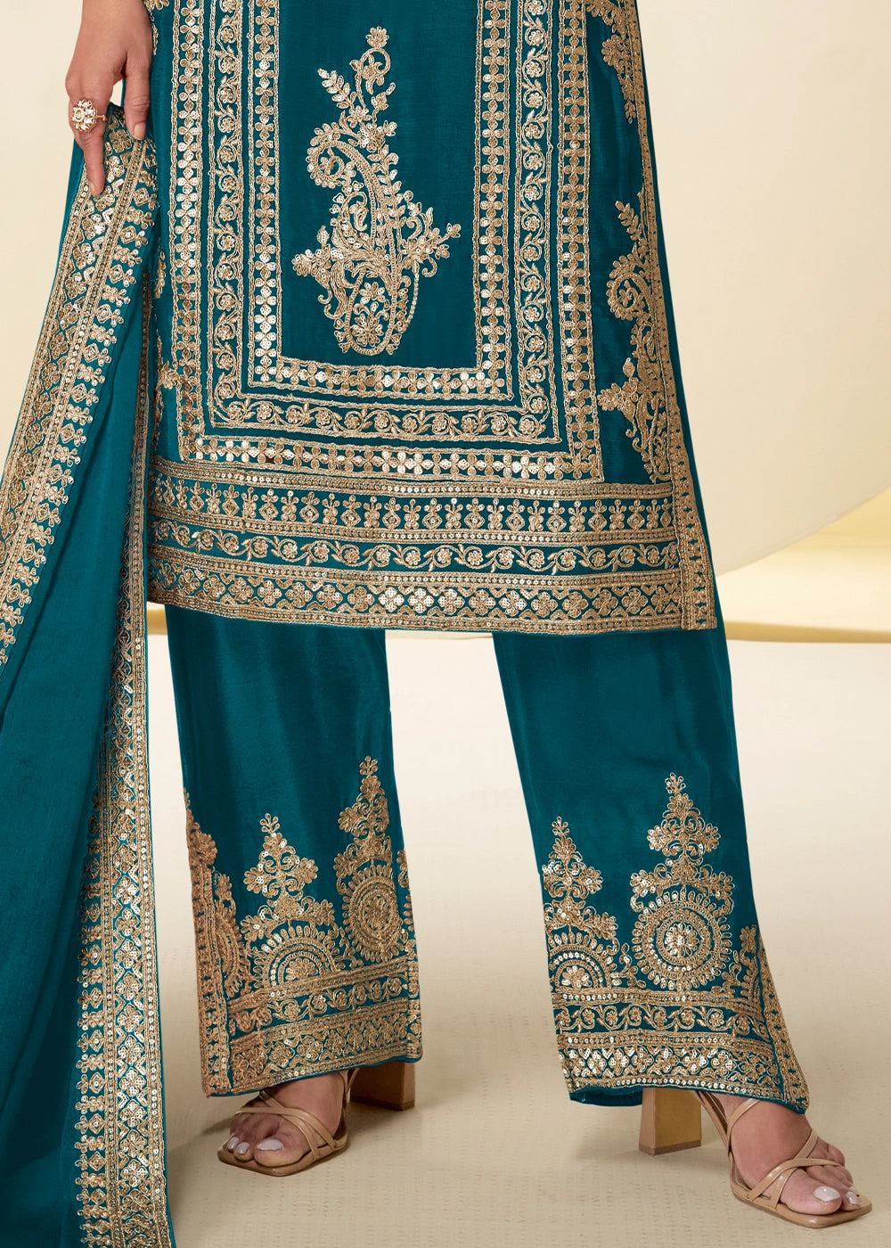 Spanish Blue Chinon Silk Palazzo Suit with Intricate Embroidery