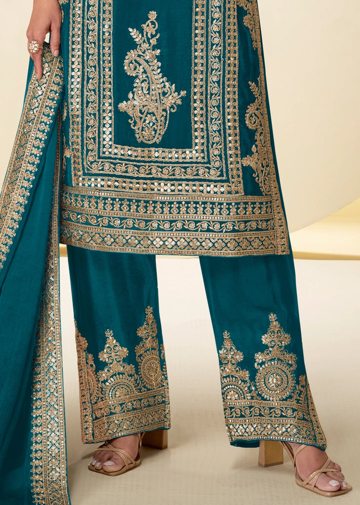 Spanish Blue Chinon Silk Palazzo Suit with Intricate Embroidery