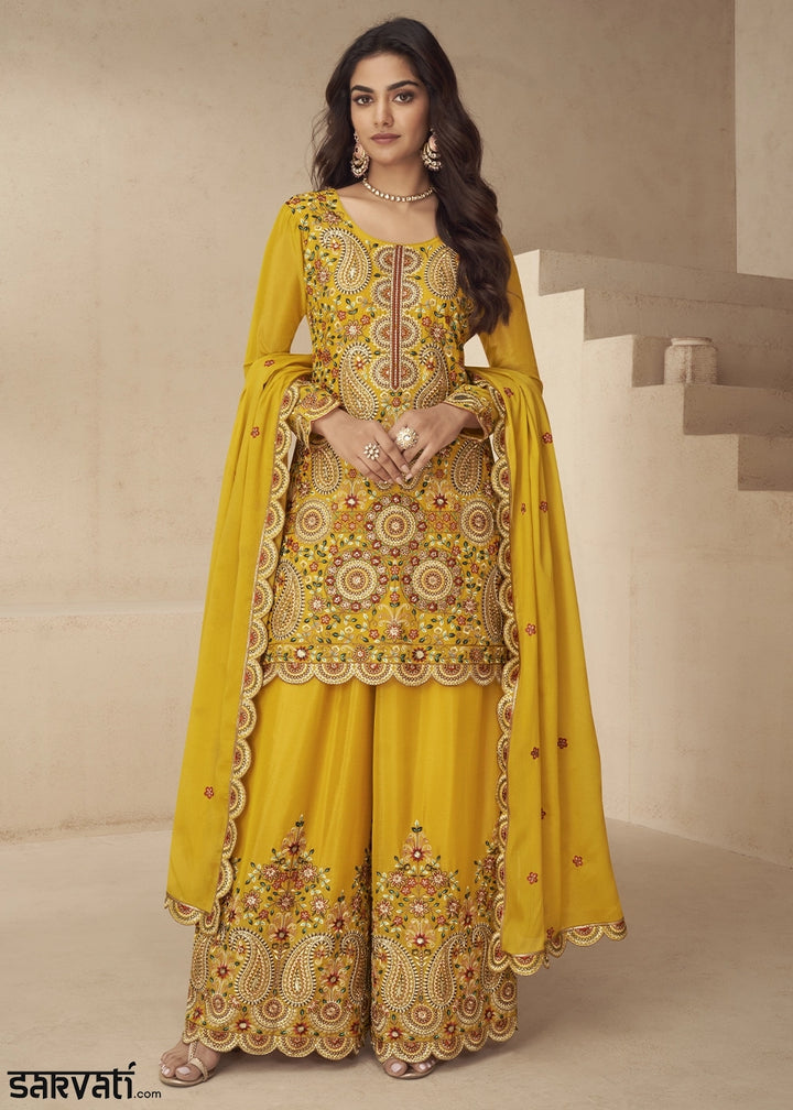 Saffron Yellow Chinon Silk Palazzo Suit with Intricate Embroidery