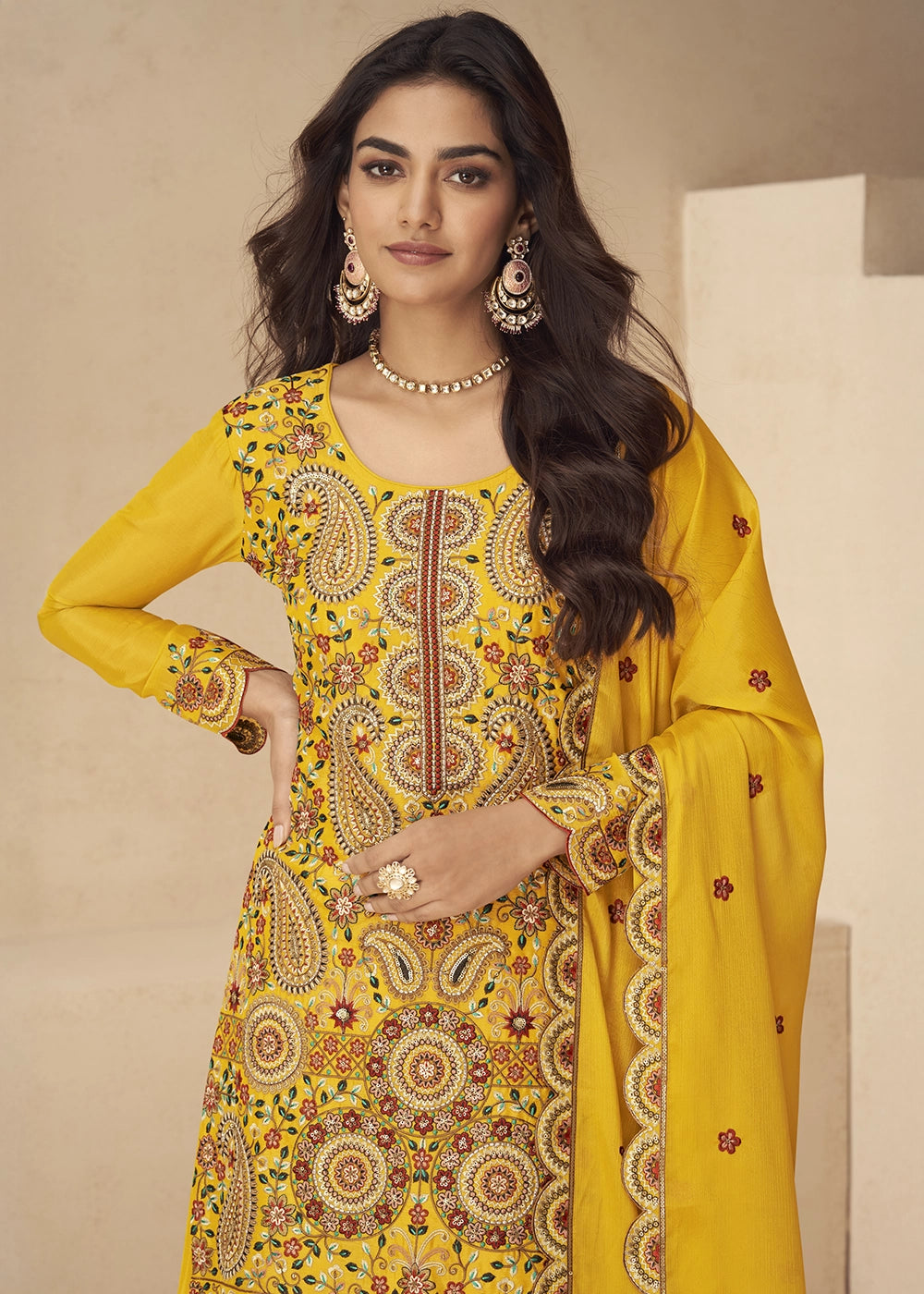 Saffron Yellow Chinon Silk Palazzo Suit with Intricate Embroidery