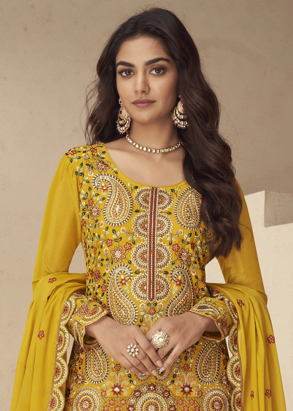 Saffron Yellow Chinon Silk Palazzo Suit with Intricate Embroidery