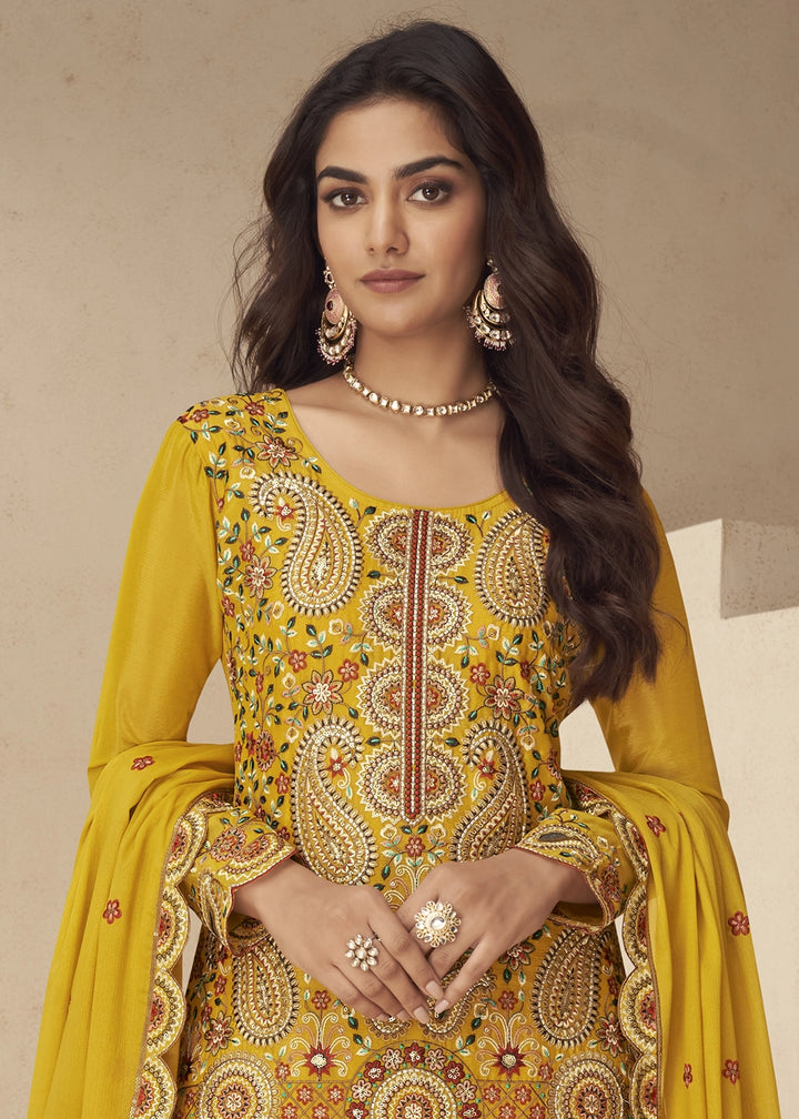 Saffron Yellow Chinon Silk Palazzo Suit with Intricate Embroidery