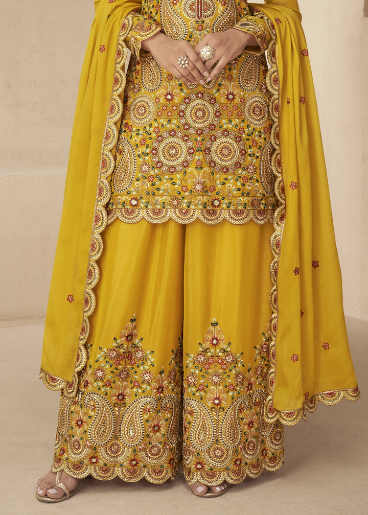 Saffron Yellow Chinon Silk Palazzo Suit with Intricate Embroidery