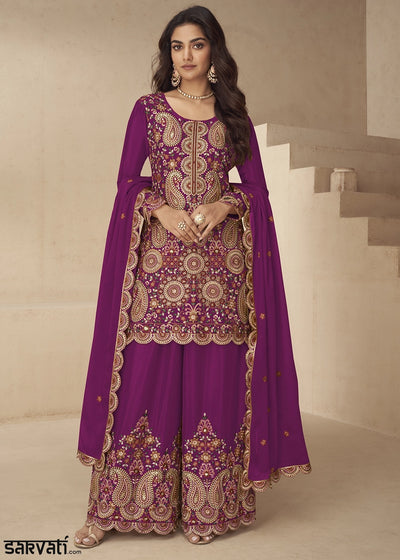 Lollipop Purple Chinon Silk Palazzo Suit with Intricate Embroidery