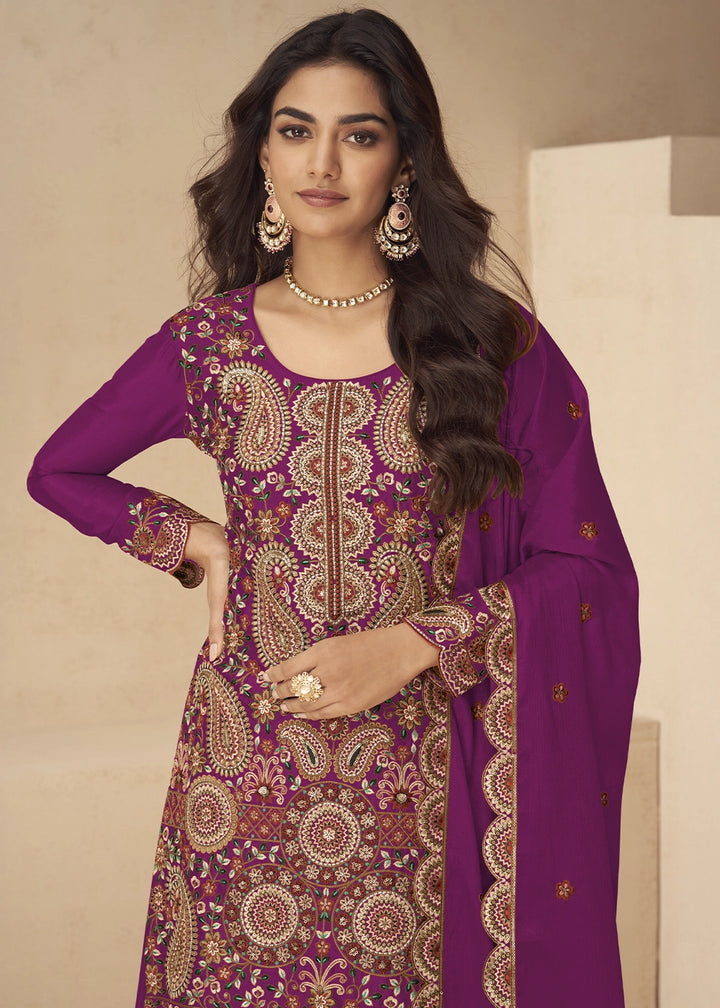 Lollipop Purple Chinon Silk Palazzo Suit with Intricate Embroidery