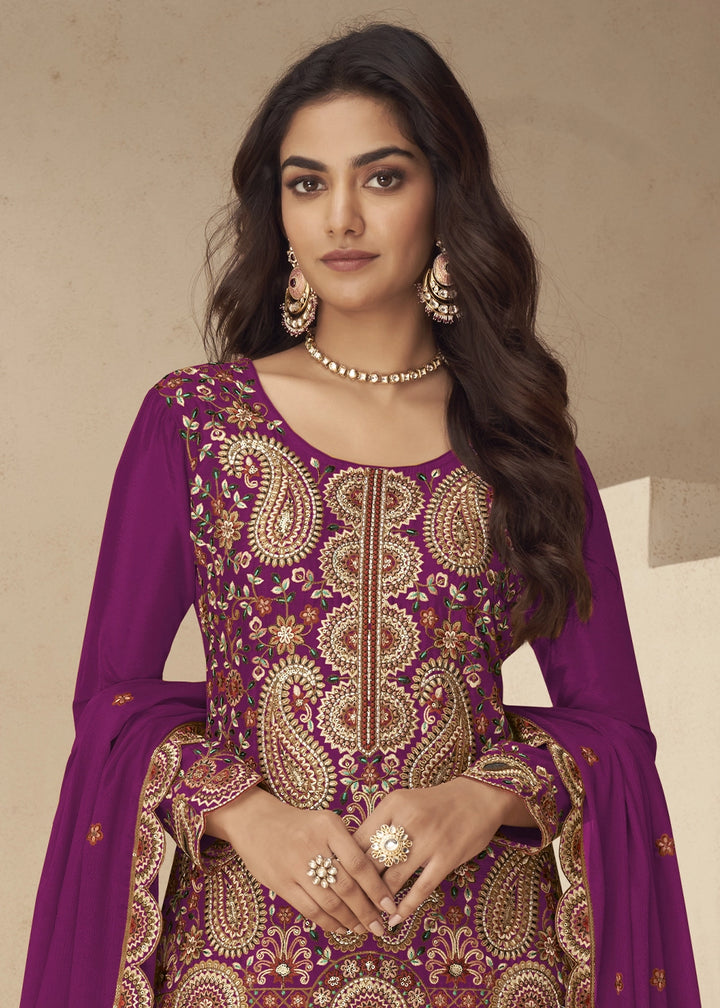 Lollipop Purple Chinon Silk Palazzo Suit with Intricate Embroidery