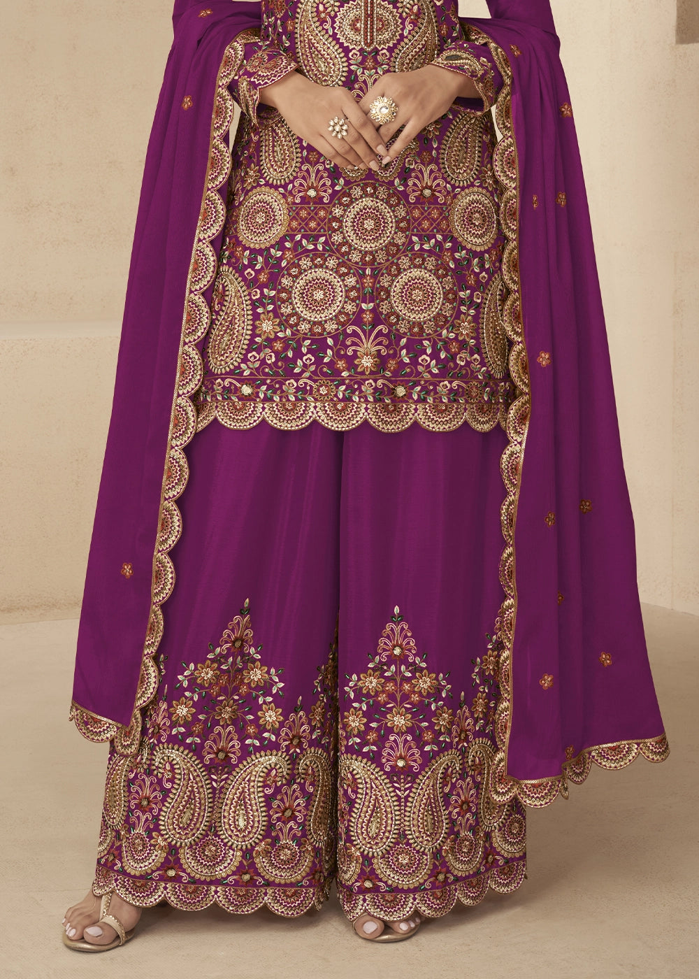 Lollipop Purple Chinon Silk Palazzo Suit with Intricate Embroidery