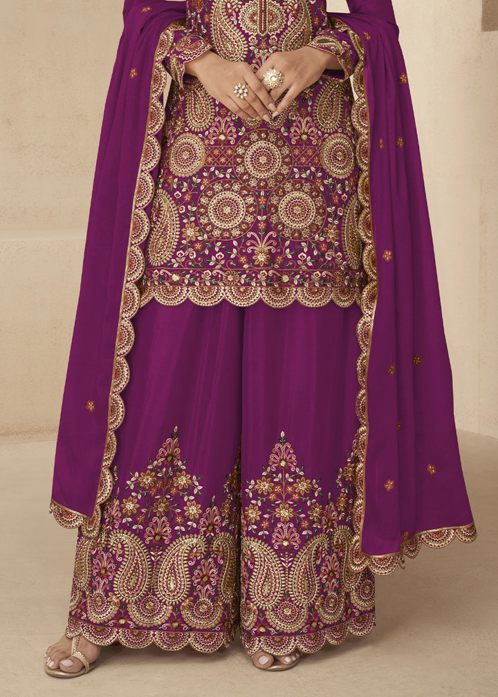 Lollipop Purple Chinon Silk Palazzo Suit with Intricate Embroidery