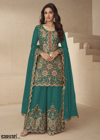 Teal Green Chinon Silk Palazzo Suit with Intricate Embroidery