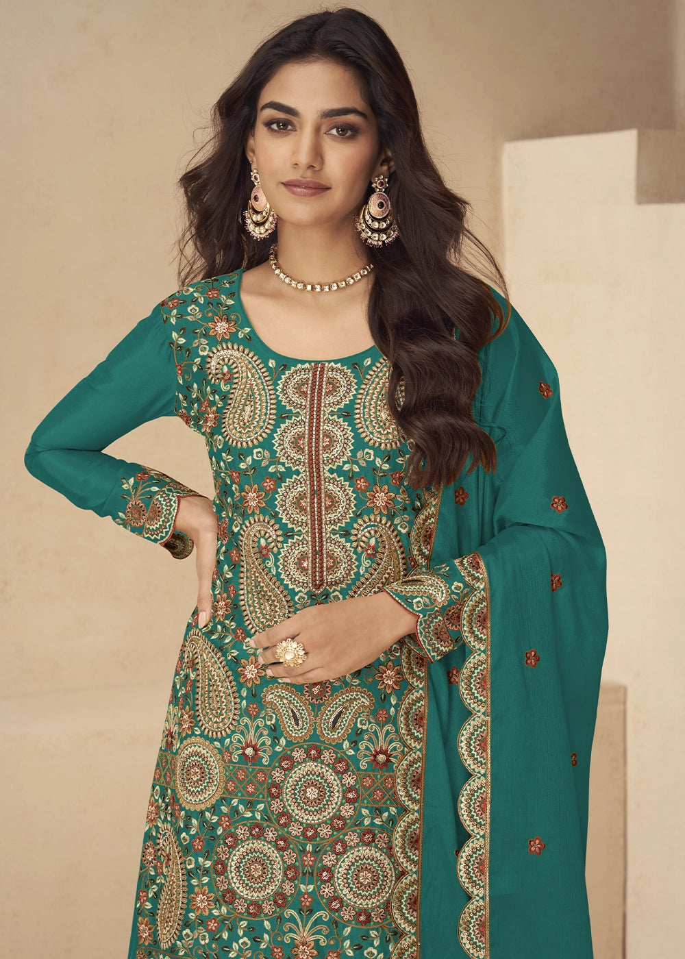 Teal Green Chinon Silk Palazzo Suit with Intricate Embroidery