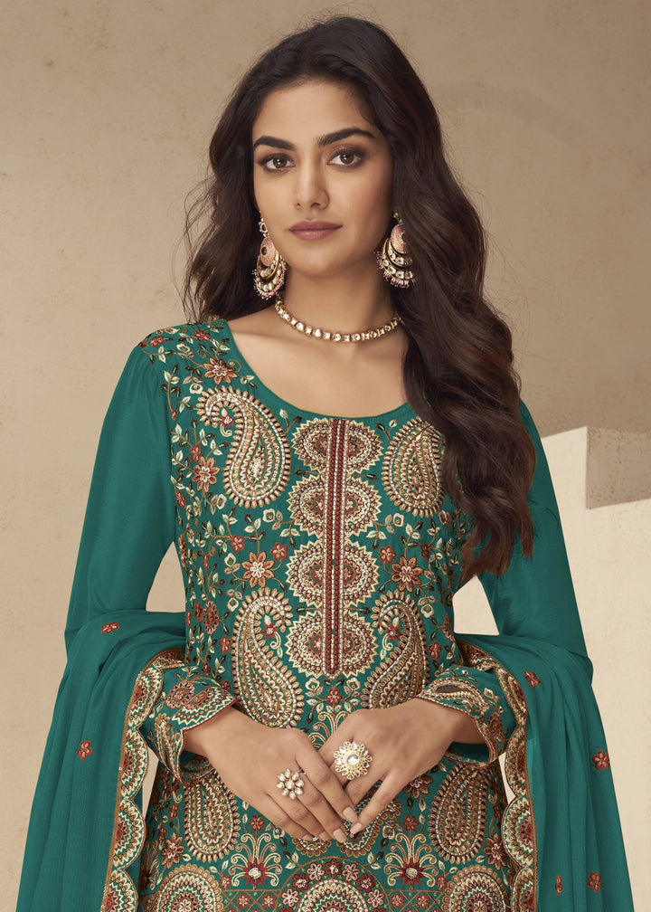 Teal Green Chinon Silk Palazzo Suit with Intricate Embroidery