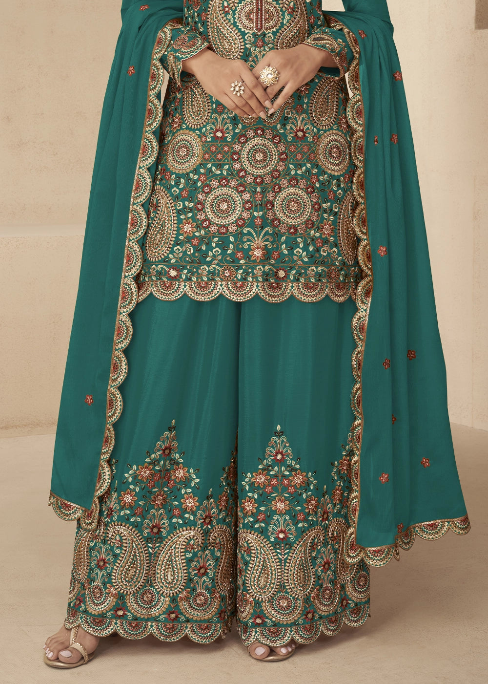 Teal Green Chinon Silk Palazzo Suit with Intricate Embroidery