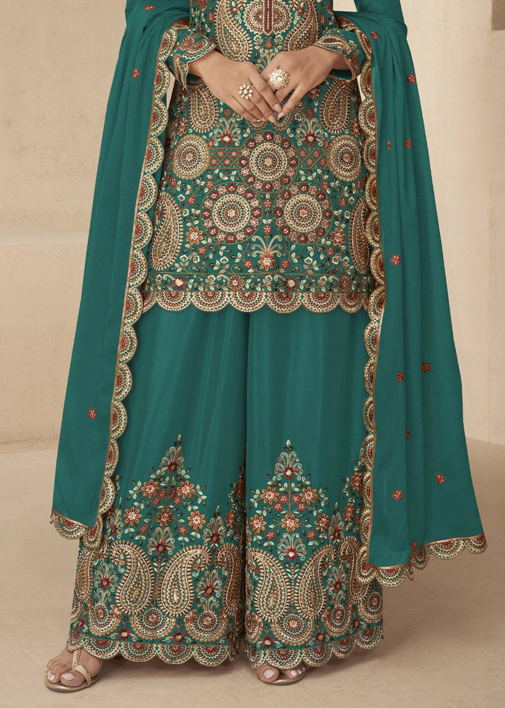 Teal Green Chinon Silk Palazzo Suit with Intricate Embroidery