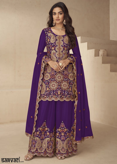 Grape Purple Chinon Silk Palazzo Suit with Intricate Embroidery