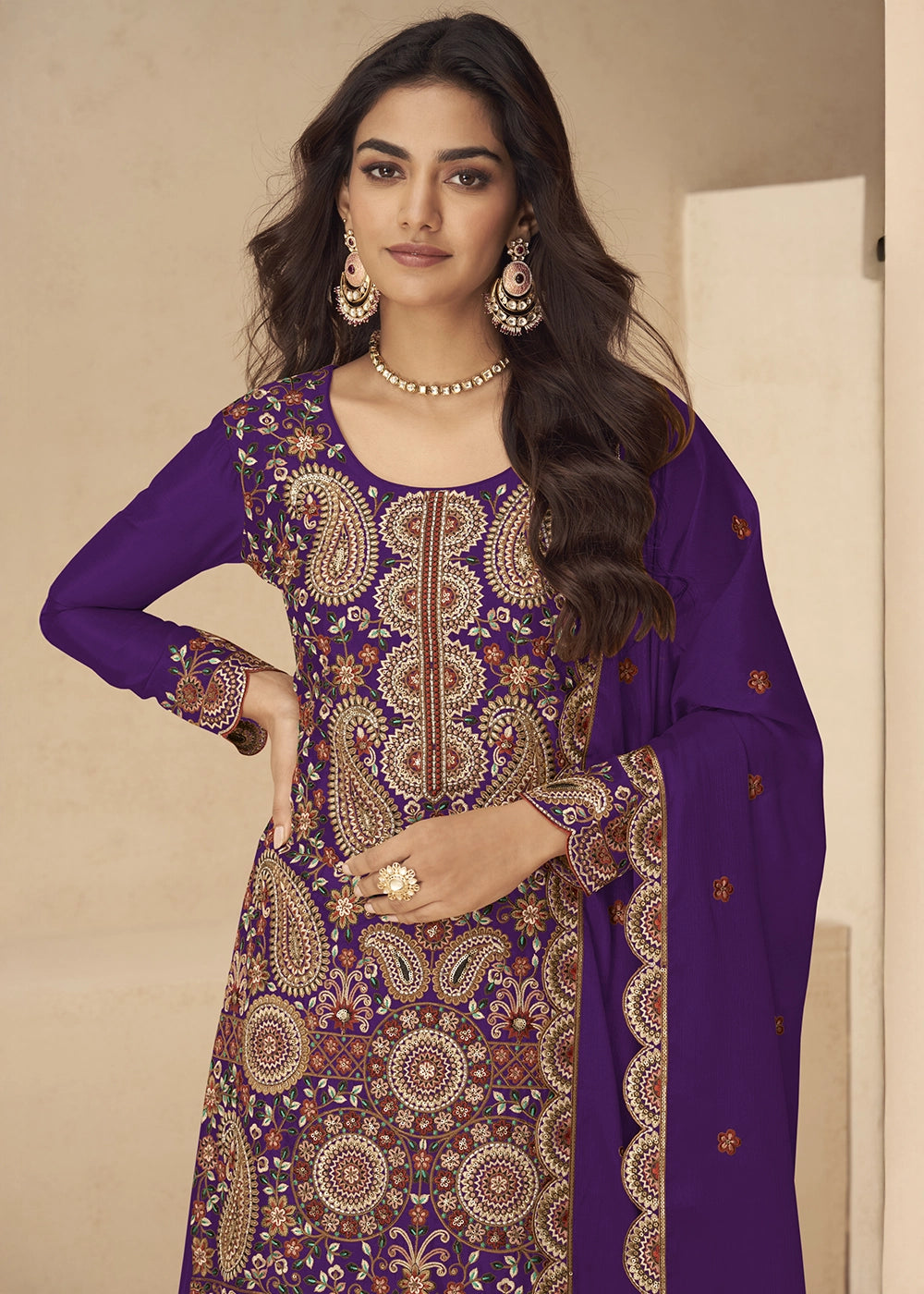 Grape Purple Chinon Silk Palazzo Suit with Intricate Embroidery