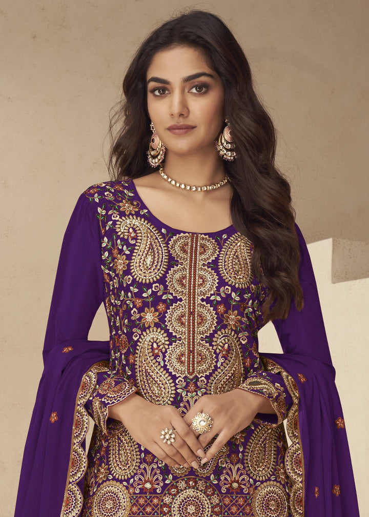 Grape Purple Chinon Silk Palazzo Suit with Intricate Embroidery