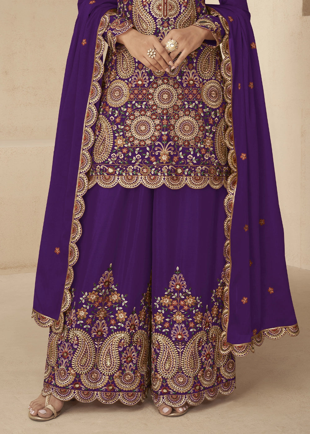 Grape Purple Chinon Silk Palazzo Suit with Intricate Embroidery