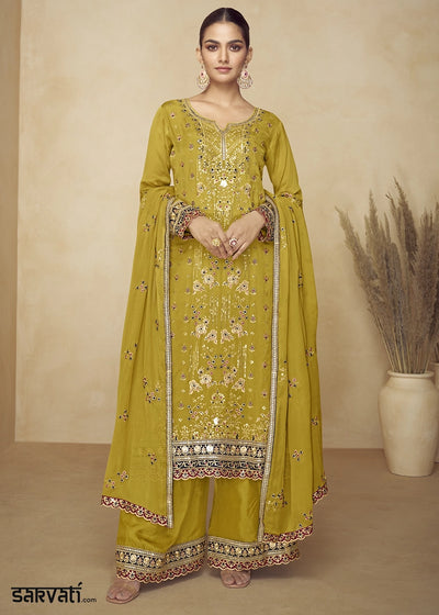 Olive Green Chinon Palazzo Suit with Heavy Embroidery Work