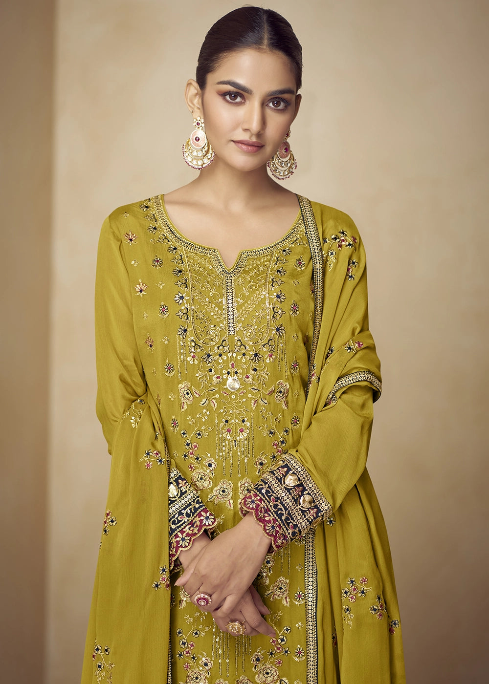 Olive Green Chinon Palazzo Suit with Heavy Embroidery Work